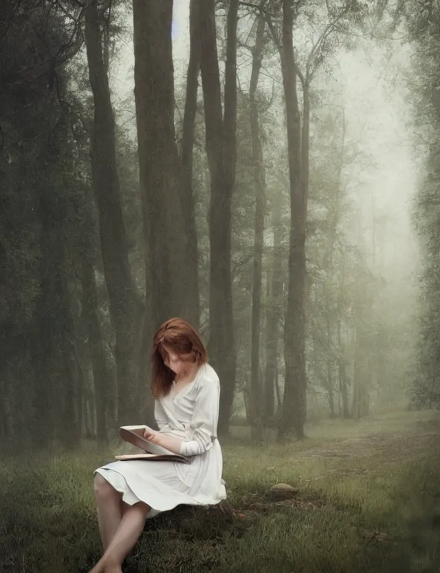 Image similar to Girl in white reading a book sitting on a tree in a foggy forest, Cinematic focus, Polaroid photo, vintage, neutral colors, soft lights, by Steve Hanks, by Serov Valentin, by lisa yuskavage, by Andrei Tarkovsky 8k render, detailed, oil on canvas