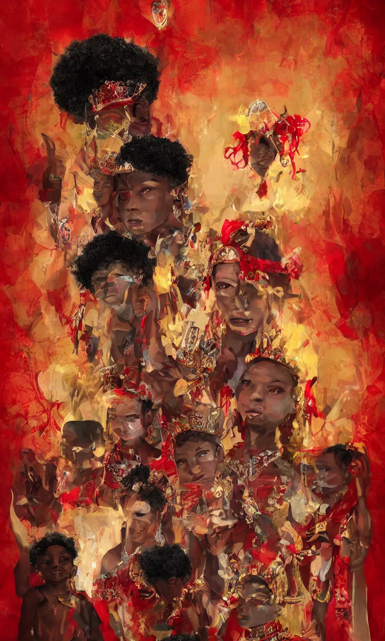 Prompt: black kids mixing with their ancestors that uses crowns in the red abstract background with broken effects, a detailed matte painting by Eden Seifu, trending on artstation