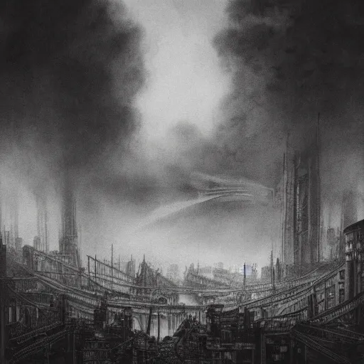 Image similar to dieselpunk city pollution river fog wires high detailed drawn by gustave dore perspective wide angle