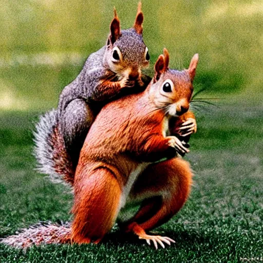 Prompt: a realistic squirrel wrestling at 1 9 8 0 s wrestlemania movie still