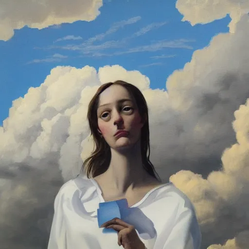 Prompt: close up of a beautiful woman, clouds in background, dramatic lighting, painting by neo rauch, highly detailed