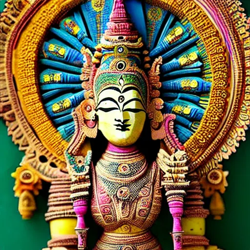 Image similar to a woman wearing an armor and head - dress. the armor and head - dress is made out of the colors, textures and sculptures of the meenakshi temple in madurai. intricate. detailed.