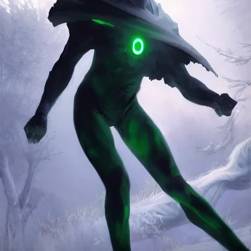 Prompt: a 14 year old teenage ghost boy with pale skin white hair and glowing green eyes. Wearing a black spandex suit. White breath showing in the cold air. Kuvshinov ilya. Ruan Jia. By Greg Rutkowski