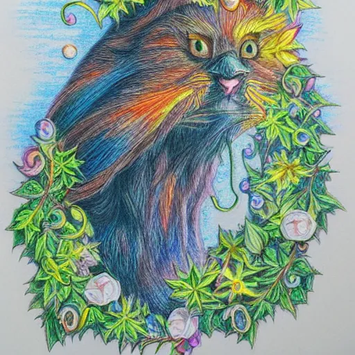 Image similar to Colored pencil art on paper, highly detailed, artstation, People, Animals, Magical Creatures, buildings, scenery, items, enchanted landscapes, PrismaColor