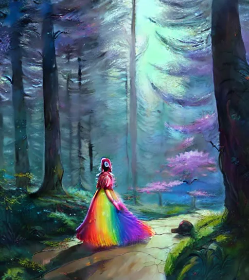 Image similar to highly detailed portrait of women wearing rainbow gown in middle of colorful forest in gta v, stephen bliss, unreal engine, fantasy art by greg rutkowski, loish, rhads, ferdinand knab, makoto shinkai and lois van baarle, ilya kuvshinov, rossdraws, tom bagshaw, global illumination, radiant light, detailed and intricate environment