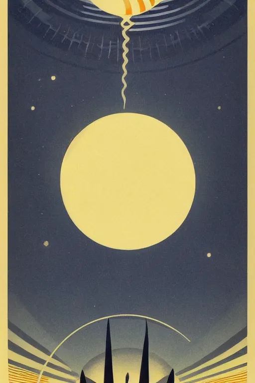 Image similar to poster of the sun and the moon, 1 9 5 0 s style, futuristic design, dark, symmetrical, washed out color, centered, art deco, 1 9 5 0's futuristic, glowing highlights, intense