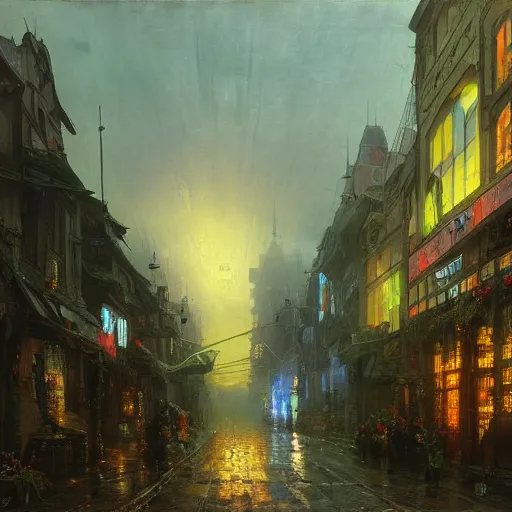 Prompt: detailed painting of a cyberpunk street in 1 9 4 0, exterior, floral ornaments, volumetrics lights, beam of bright lights through the clouds, andreas achenbach