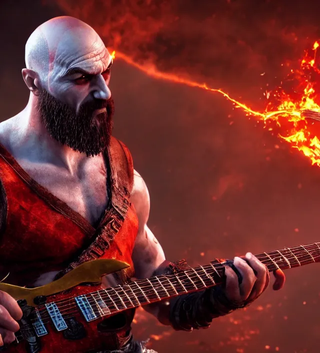 Image similar to rocking kratos shredding on a flaming stratocaster guitar, cinematic render, god of war 2 0 1 8, santa monica studio official media, lightning, stripe over eye