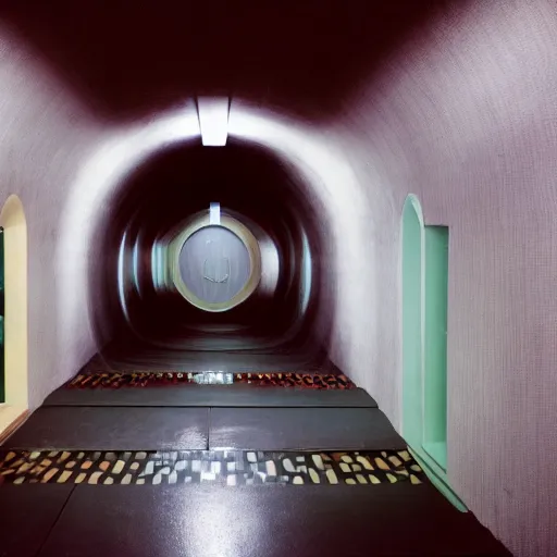 Prompt: color photograph of a retrofuturist liminal pool room with a dark tunnel and terraces, minimalist, oddly familiar, cinematic, dramatic lighting, soft vintage glow, noisy