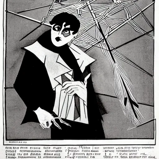 Image similar to the somnambulist from the cabinet of dr. caligari playing a large moog modular synthesizer, style of aubrey beardsley!!