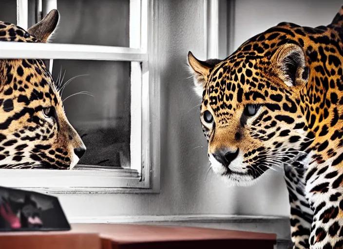 Image similar to photography of a Jaguar Cat . watching outside the window. on a bed. in a 70's room full of vinyls and posters, photorealistic, award winning photo, 100mm, sharp, high res