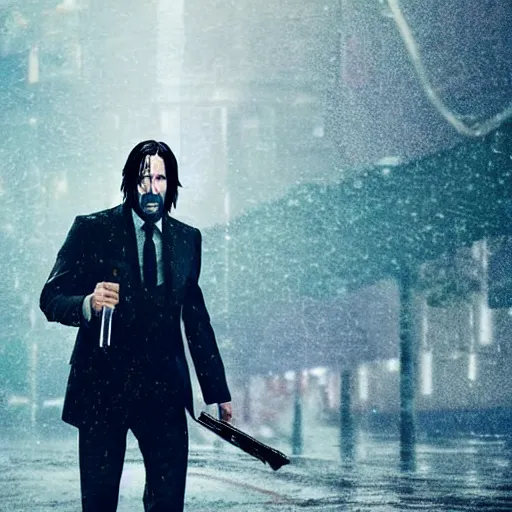 Image similar to john wick playing a guitar in the rain photorealistic realistic dramatic cinematic photography