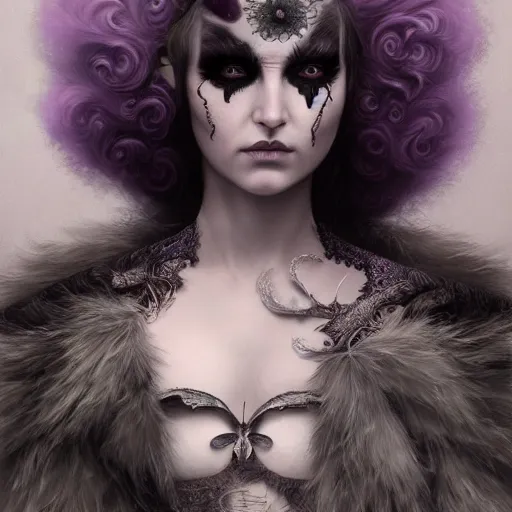 Prompt: tom bagshaw, soft painting fractal curiosities carnival fur, beautiful female butterfly hybrid mutation in full nightshade gothic armor, accurate features, focus, very intricate ultrafine details, black white purple volumetric clouds, award winning masterpiece, octane render 8 k hd