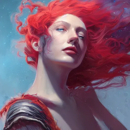 Prompt: a painting of a woman who made of curly and transparent feathers cloud with red edges is holding a sword, a digital painting by charlie bowater, trending on artstation, metaphysical painting, speedpainting, made of feathers, digital painting, holographic undertones, highly saturated colors, 4 k, digital art, concept art, trending on artstation