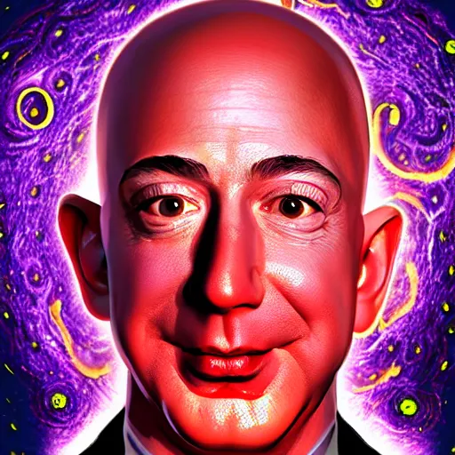 Image similar to Jeff Bezos as a terrifying cosmic horror with a thousand tentacles coming from his eyes and cracks in his head with a cosmic background. Epic digital art, extremely detailed, terrifying