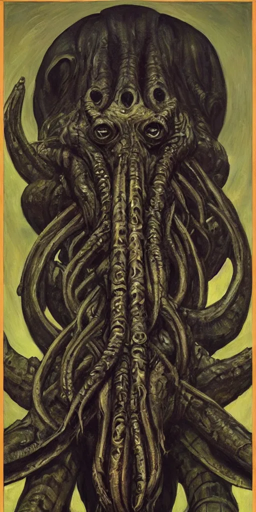 Image similar to a stunning and noble highly detailed portrait of cthulhu by h. r giger and edward hopper, trending on artstation, oil painting masterpiece, symmetry, mysterious, very very very aesthetic