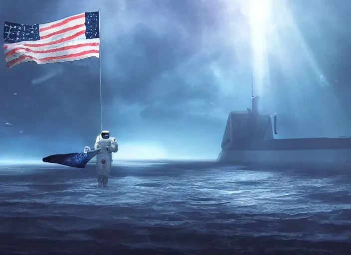 Image similar to astronaut holding a flag in an underwater desert. a submarine is visible in the distance. dark, concept art, cinematic, dramatic, atmospheric, 8 k, trending on artstation, blue, fish, low visibility, fog, ocean floor, christopher nolan, interstellar