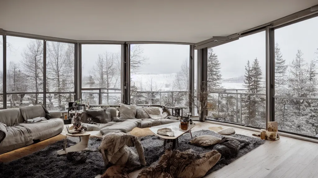 Prompt: interior design photo of a cosy apartment with glass walls overlooking a vast hilly landscape in winter