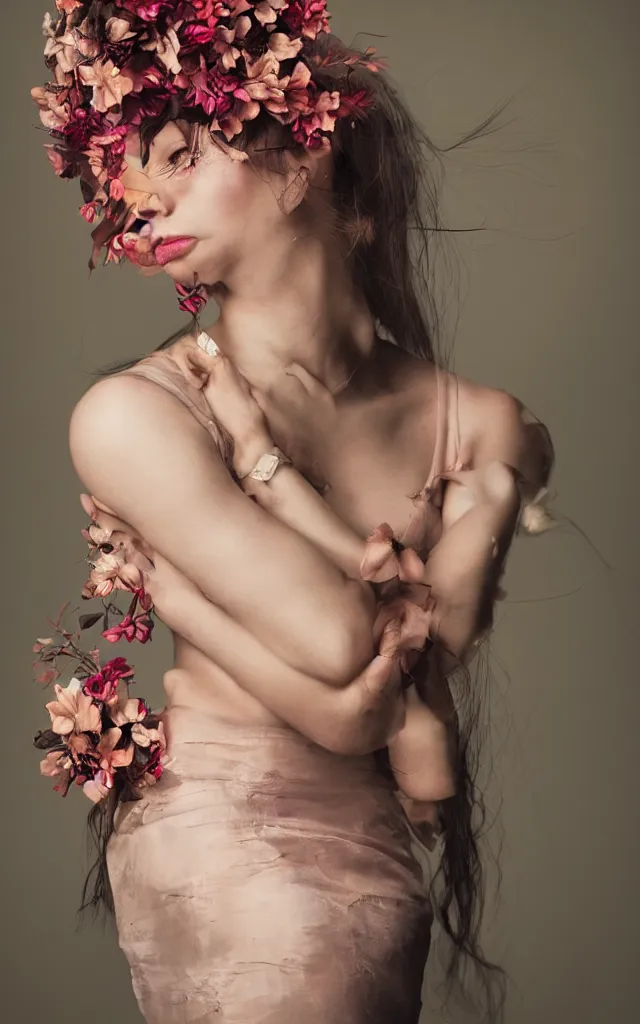 Image similar to a gorgeous young woman from the future adorned with flowers, creative studio portrait photography with wildly experimental lighting from various sources, cinematic, dramatic, in the style of WLOP and Norman Rockwell