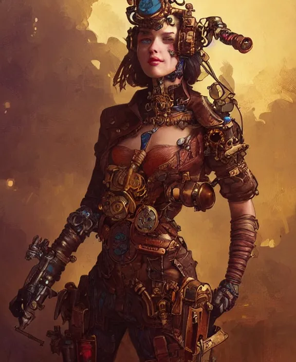 Prompt: a steampunk dieselpunk terminator, fantasy, intricate, elegant, highly detailed, colorful, vivid color, digital painting, artstation, concept art, art by artgerm and greg rutkowski and alphonse mucha and ruan jia
