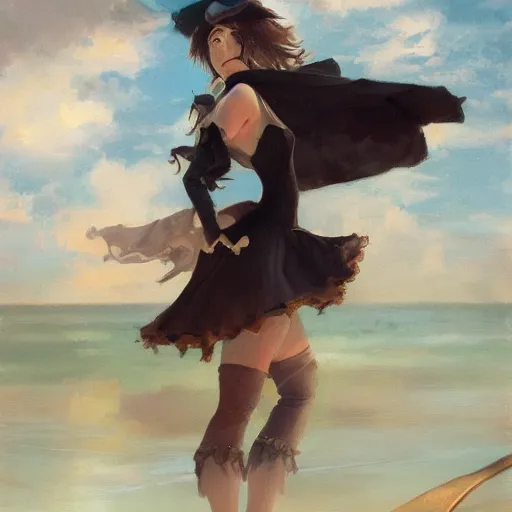 Image similar to dancing brunette milk maid woman wearing a pirate hat shore seascape in the style of Krenz Cushart