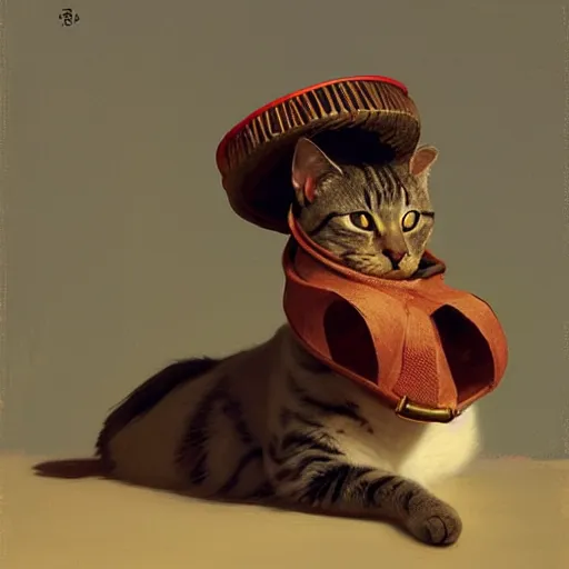 Prompt: A portrait of a cat wearing a small vietnamese straw hat, artwork by Sergey Kolesov