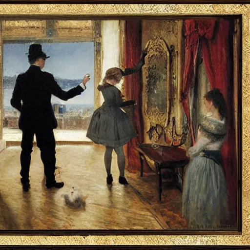 Image similar to a man and a woman solving an escape room puzzle alfred stevens