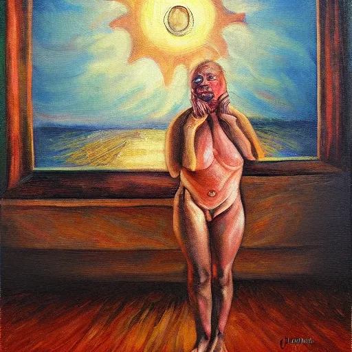 Prompt: a restrained person being forced to stare at the sun oil painting