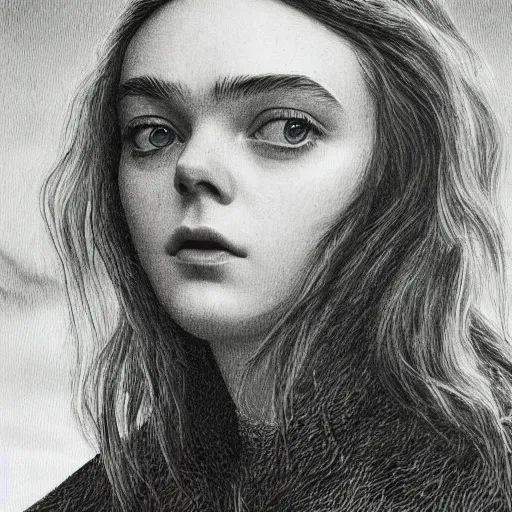 Prompt: professional painting of Elle Fanning in the style of Caspar David Friedrich, head and shoulders portrait, symmetrical facial features, smooth, sharp focus, illustration, intricate, stormy weather, extremely detailed masterpiece,