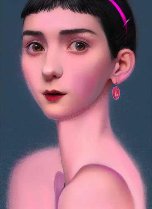 Image similar to portrait of teenage girl, narrow face, black hair, bangs, half updo hairstyle, pointy nose, skinny, smile, unattractive, defined jawline, big chin, pink hair bow, earrings, intricate, elegant, glowing lights, highly detailed, digital painting, artstation, sharp focus, illustration, art by wlop, mars ravelo and greg rutkowski