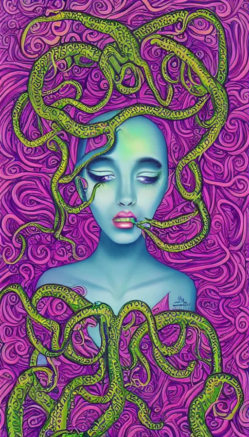 Image similar to very detailed portrait of a 2 0 years old girl surrounded by tentacles, the youg woman visage is blooming from fractal and vines, by lisa frank,