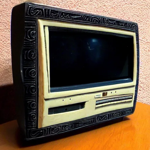 Image similar to a retro crt television carved from stone, ttelevision made by ancient taino