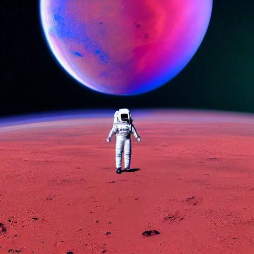 Image similar to A wide angle shot from below of a female astronaut with a feminine body walking with swagger towards camera on mars in an infinite universe , synthwave digital art