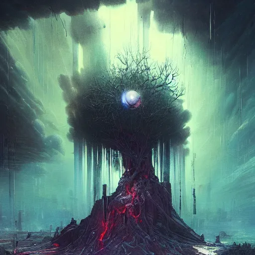 Image similar to an enigmatic and terrifying painting of a cyberpunk universe by marc simonetti, greg rutkowski, ferdinand knab, colour, hyper detail, 8 k, one giant oak, universe, nebula, burst of colour, imaginary, roots, concept art, out of this world, depth, incredible depth