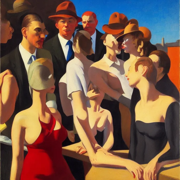 Image similar to group of people pictured in afternoon light, mostly women, close - up of the faces, anatomically and proportionally correct : : surrealist oil painting by edward hopper, malcolm liepke, francis bacon and rene magritte, detailed