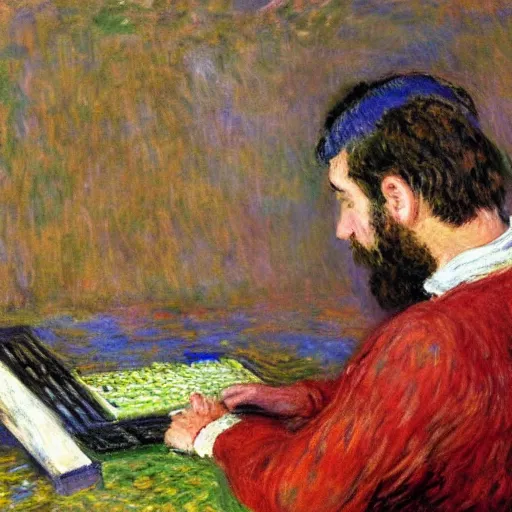 Prompt: monet painting of a man playing warzone on a computer, a soccer ball falls on his head, highly detailed, realistic,