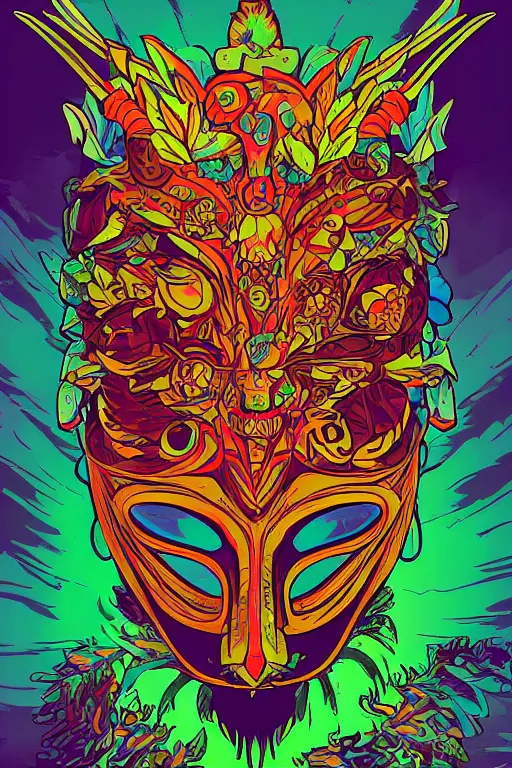 Image similar to animal mask totem roots flower tribal feather gemstone plant wood rock shaman vodoo video game vector cutout illustration vivid multicolor borderlands comics by josan gonzales and dan mumford radiating a glowing aura