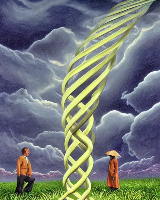 Prompt: in a field, two scientists in lab coats encounter a monster shaped like the DNA double helix, stormy weather, by Rob Gonsalves, HDR