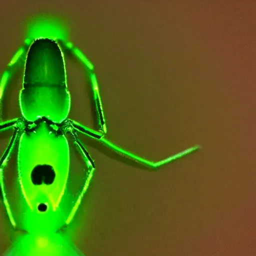 Prompt: a glowing green spider una very dark room, scary
