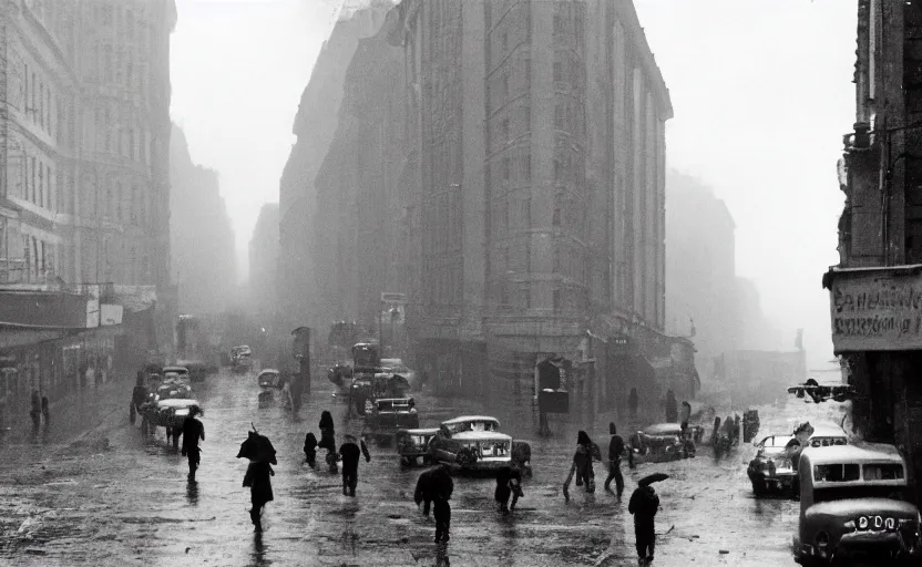 Image similar to 40s historic footage of a sovietic street with pedestrians, aerial view , aerial view Cinestill 800t 18mm, heavy grainy picture, very detailed, high quality, 4k panoramic, billboards and streetlight at night, rain, mud, foggy