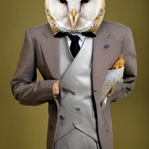 Prompt: barn owl wearing a suit, barn on dresses by emidio tucci, very detailed, album photo, canon shot