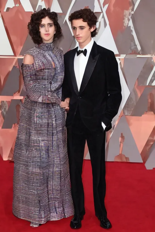 Image similar to timothee chalamet and lady gaga holding hands on the red carpet, beautiful detailed faces, canon eos