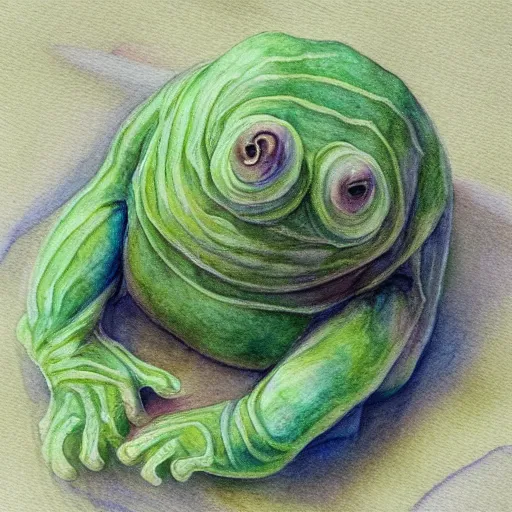 Image similar to tardigrade painting, soft lighting, dappled light, watercolor and colored pencil, vegetarian