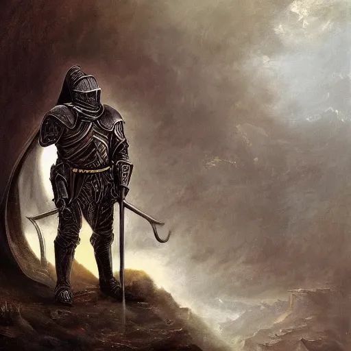 Image similar to arrogant knight reaches casually into the abyss, only to be met with unimaginable horrors from beyond, dark fantasy, oil painting, high detail