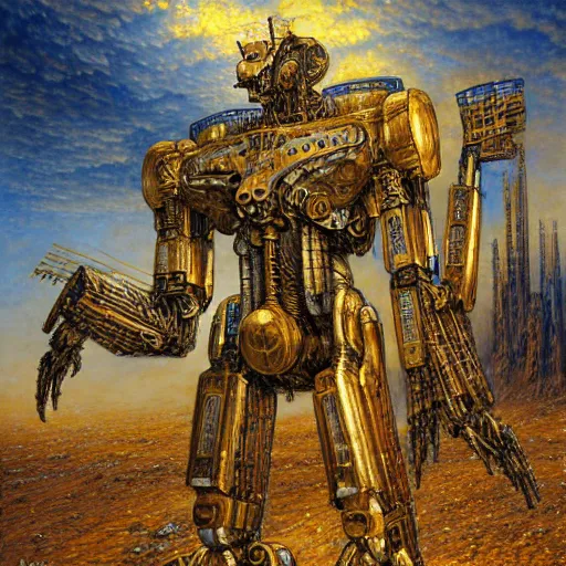 Image similar to mecha centaur, atmospheric lighting, painted, intricate, golden and blue hour, ultra detailed by peter gric, giger, enki bilal