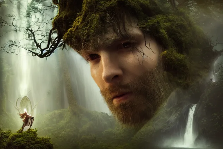 Image similar to an ultra realistic, cinematic, fantasy, headshot portrait, of an elden ring elf, fairy lights, facial features, background of a vast serene landscape, with trees and waterfalls, detailed, deep focus, movie still, dramatic lighting, ray tracing, by michal karcz and yoshitaka amano