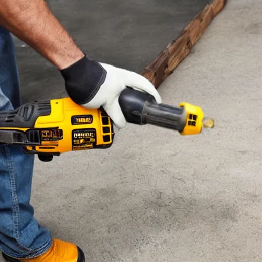 Image similar to latino man using cordless power tool made by dewalt