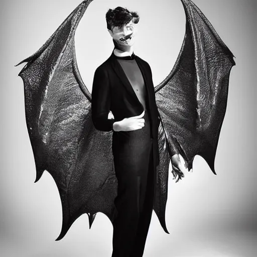 Image similar to a man with dragon wings, large format film fashion photograph by richard avedon