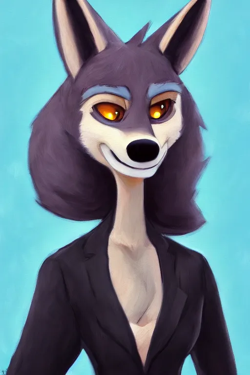 Image similar to oil painting of anthromorphic female wolf, in style of zootopia, female fursona, furry, furaffinity, 4 k, deviantart, furry art, fursona art, wearing black business suit, business suit, wolf fursona, female, very expressive detailed feminine face,