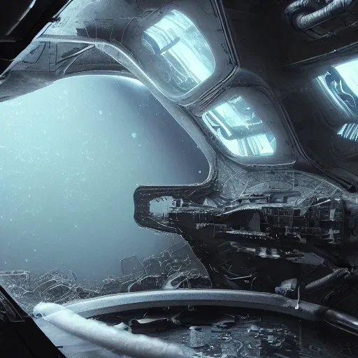 Image similar to concept art by craig mullins astronaut in futuristic dark and empty spaceship underwater. infrared complex and hyperdetailed technical suit. mandelbulb fractal. reflection and dispersion materials. rays and dispersion of light. volumetric light. 5 0 mm, f / 3 2. noise film photo. flash photography. unreal engine 4, octane render. interstellar movie art